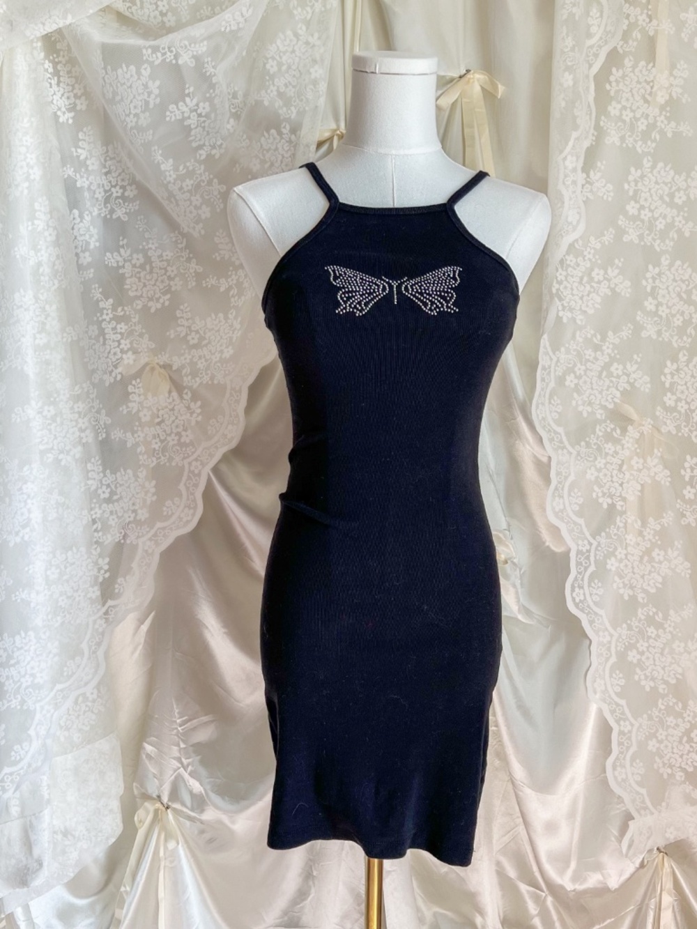 Black Mini Dress Butterfly Rhinestone Y2K Coquette Bodycon - Picture 3 of 6